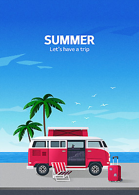 바다 여행 여러마리 일러스트 갈매기 해변 사람없음 여름 여름휴가 바캉스 야자수 캐리어 선베드 캠핑카 국내일러스트 AI파일 나무 계절 다수 의자 자동차 조류 휴가 여행가방 파일형식 벡터 여름_계절