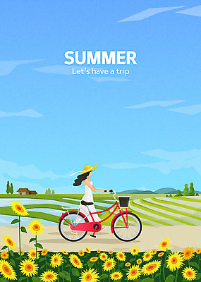 전신 원피스 여자 여행 밭 일러스트 해바라기 주택 한명 사람 초원 성인 여름 여름휴가 바캉스 걷기 자전거 시골길 국내일러스트 AI파일 1 옷 계절 꽃 길 농업 모션 휴가 건물 바이크 파일형식 벡터 여름_계절