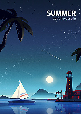 별 바다 여행 요트 야경 일러스트 밤하늘 등대 사람없음 여름 여름휴가 바캉스 야자수 달 국내일러스트 AI파일 자연요소 나무 계절 배_교통 하늘 휴가 야간 파일형식 벡터 여름_계절 풍경_경치