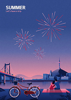 커플 여자 남자 여행 야경 일러스트 불꽃놀이 사람 상반신 성인 두명 여름 여름휴가 바캉스 자전거 도시 전철 한강 남산타워 가교 어깨에손 국내일러스트 AI파일 건축물 계절 육상교통 관계 모션 놀이 휴가 대중교통 서울 바이크 야간 남산 랜드마크 파일형식 벡터 여름_계절 풍경_경치