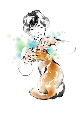 PSD 한마리 여자 일러스트 캘리그라피 붓터치 한명 미소 사람 상반신 성인 고양이 진료 동물병원 수의사 반려 진찰가방 국내일러스트 1 포유류 의학 표정 병원 반려동물 의사 파일형식