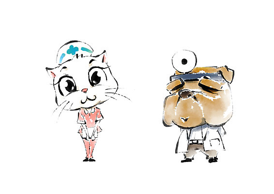 PSD 두마리 일러스트 캘리그라피 붓터치 의인화 사람없음 고양이 간호사 의사 의사가운 강아지 동물병원 수의사 반려 국내일러스트 2 포유류 병원 반려동물 의료진 가운 개 파일형식