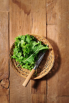 포토 JPG 스튜디오촬영 잎 채소 식재료 실내 사람없음 농작물 소쿠리 여러개 신선 식칼 쌈채소 청겨자 나무배경 국내포토 식물 다수 백그라운드 농업 주방용품 내부 바구니 파일형식