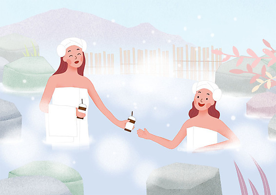 PSD 여자 커피 일러스트 미소 사람 상반신 성인 두명 수건 온천 수증기 주기 노천탕 국내일러스트 음료 모션 표정 위생용품 스파 파일형식