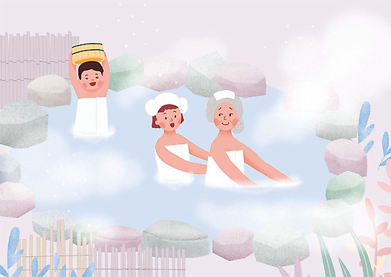 PSD 여자 노년 남자 어린이 여행 일러스트 가족 사람 상반신 세명 수건 온천 바위 풀잎 수증기 즐거움 노천탕 물양동이 국내일러스트 감정 잎 관계 성인 위생용품 스파 돌_바위 풀_식물 양동이 파일형식