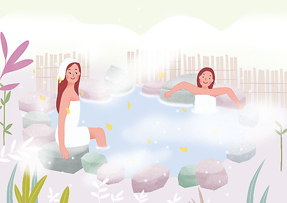 전신 PSD 여자 일러스트 미소 사람 앉기 상반신 성인 두명 수건 온천 바위 눈 풀잎 수증기 노천탕 국내일러스트 자연요소 잎 모션 날씨 표정 위생용품 스파 돌_바위 풀_식물 파일형식