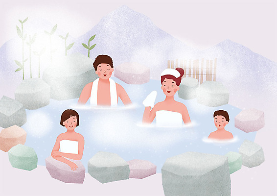 PSD 여자 남자 어린이 여행 일러스트 가족 산 미소 사람 여러명 성인 수건 온천 바위 눈 수증기 노천탕 국내일러스트 자연요소 다수 관계 날씨 표정 위생용품 스파 돌_바위 파일형식