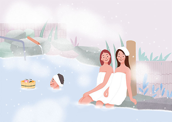 전신 PSD 여자 남자 여행 일러스트 나뭇잎 미소 사람 상반신 성인 세명 수건 온천 바위 눈 수증기 노천탕 물양동이 발담그기 국내일러스트 자연요소 잎 날씨 표정 위생용품 스파 돌_바위 양동이 파일형식