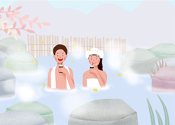 PSD 커플 여자 남자 꽃잎 음료 일러스트 나뭇잎 미소 사람 상반신 성인 두명 수건 온천 바위 수증기 노천탕 국내일러스트 꽃 잎 관계 표정 위생용품 스파 돌_바위 파일형식