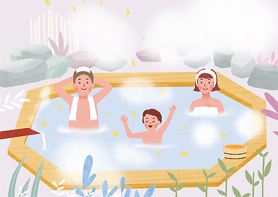 PSD 여자 남자 어린이 여행 일러스트 가족 나뭇잎 미소 사람 상반신 성인 세명 수건 온천 바위 수증기 즐거움 노천탕 물양동이 국내일러스트 감정 잎 관계 표정 위생용품 스파 돌_바위 양동이 파일형식