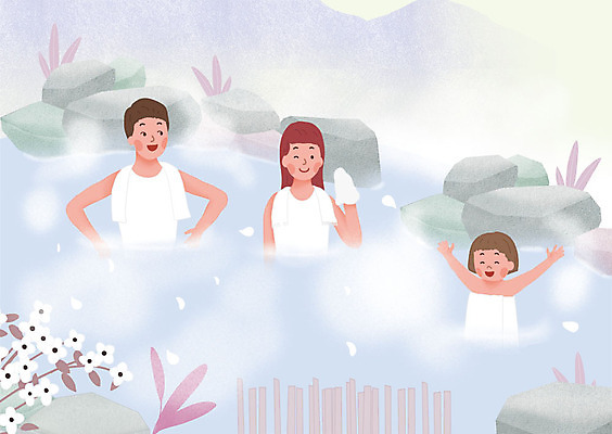 PSD 여자 남자 꽃 어린이 여행 일러스트 가족 나뭇잎 미소 사람 상반신 성인 세명 수건 온천 바위 수증기 즐거움 노천탕 국내일러스트 식물 감정 잎 관계 표정 위생용품 스파 돌_바위 파일형식