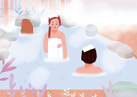 PSD 한마리 여자 남자 일러스트 나뭇잎 따뜻함 사람 상반신 성인 두명 수건 일본 온천 수증기 노천탕 돌덩이 온천여행 일본원숭이 국내일러스트 1 아시아 여행 잎 위생용품 스파 돌_바위 원숭이 파일형식