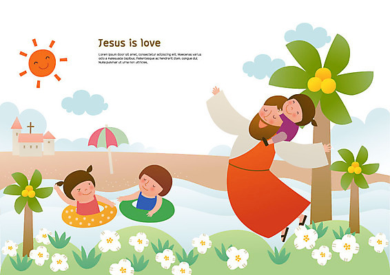 나무 구름 여자 열매 남자 꽃 기독교 어린이 일러스트 물놀이 사랑 미소 사람 초원 여러명 상반신 강 태양 교회 파라솔 예수 목말 즐거움 튜브 국내일러스트 AI파일 자연요소 식물 감정 종교 다수 종교건축 모션 놀이 표정 건물 신_종교 파일형식 벡터