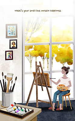 전신 PSD 나무 여자 행복 액자 일러스트 한명 사람 앉기 성인 물감 붓 그리기 팔레트 창가 이젤 안식처 소확행 국내일러스트 식물 1 감정 창문 모션 휴식 미술도구 신조어 파일형식