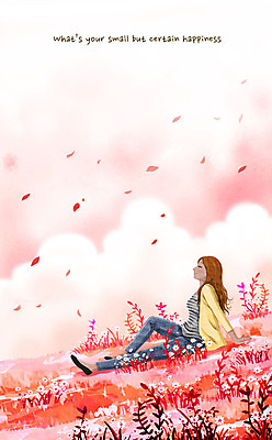 전신 PSD 구름 여자 꽃잎 행복 여유 일러스트 자연 휴식 한명 미소 사람 앉기 초원 성인 들꽃 낙화 소확행 국내일러스트 자연요소 1 꽃 감정 컨셉 모션 표정 생태계 신조어 파일형식