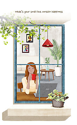 PSD 나무 여자 행복 화분 액자 거실 일러스트 탁자 휴식 전등 한명 사람 앉기 상반신 성인 노트북 머그컵 마시기 창가 안식처 성인여자한명만 소확행 국내일러스트 식물 1 감정 가구 컨셉 창문 모션 조명 컵 전자제품 신조어 여자한명만 성인여자만 파일형식