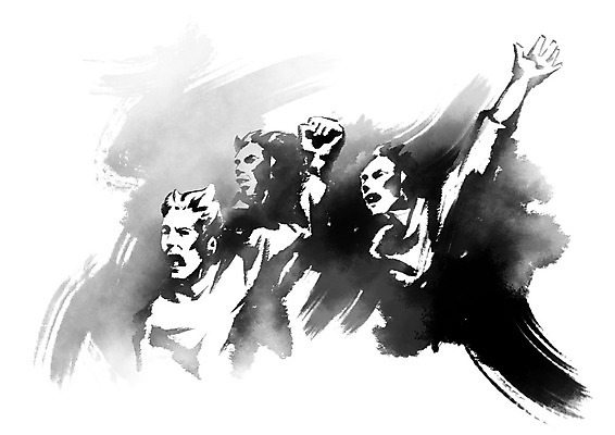 PSD 남자 일러스트 비즈니스 캘리그라피 붓터치 사람 상반신 성인 세명 손들기 파이팅 주먹 비즈니스맨 결심 투쟁 성인남자만 국내일러스트 컨셉 모션 직장인 남자만 성인만 파일형식