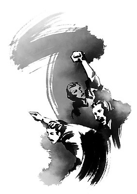 PSD 남자 일러스트 비즈니스 캘리그라피 붓터치 사람 상반신 성인 세명 손들기 파이팅 외침 주먹 비즈니스맨 결심 투쟁 성인남자만 국내일러스트 컨셉 모션 소리 직장인 남자만 성인만 파일형식