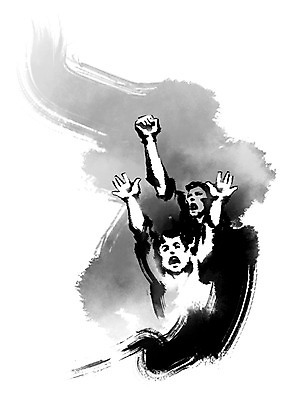 PSD 남자 일러스트 비즈니스 캘리그라피 붓터치 사람 상반신 성인 두명 손들기 파이팅 외침 비즈니스맨 결심 성인남자만 국내일러스트 컨셉 모션 소리 직장인 남자만 성인만 파일형식