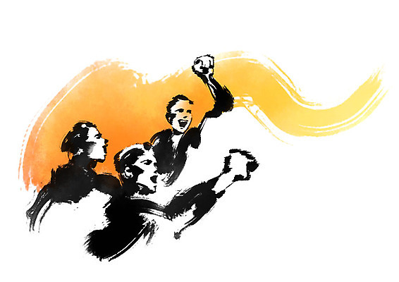 PSD 남자 일러스트 비즈니스 캘리그라피 붓터치 미소 사람 상반신 성인 세명 손들기 파이팅 외침 주먹 비즈니스맨 성인남자만 국내일러스트 모션 표정 소리 직장인 남자만 성인만 파일형식