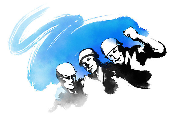 PSD 남자 일러스트 비즈니스 캘리그라피 붓터치 미소 사람 상반신 성인 세명 파이팅 주먹 비즈니스맨 안전모 성인남자만 국내일러스트 모션 표정 직장인 헬멧 안전장비 남자만 성인만 파일형식