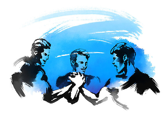 PSD 남자 일러스트 비즈니스 캘리그라피 붓터치 미소 사람 상반신 성인 세명 파이팅 비즈니스맨 결심 손모으기 성인남자만 국내일러스트 컨셉 모션 표정 손짓 직장인 남자만 성인만 파일형식