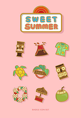 아이콘 사람없음 여름 세트 조각상 파라솔 거북이 화산 하와이 배지 꽃목걸이 코코넛주스 2D아이콘 AI파일 계절 꽃 목걸이 파충류 산 조형물 미국 주스 코코넛 파일형식 벡터