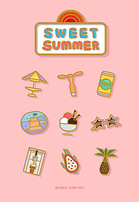 아이콘 해변 사람없음 여름 세트 선글라스 파라솔 열대과일 배지 모래성 아이스크림콘 캔맥주 용과 컵아이스크림 2D아이콘 AI파일 계절 안경 모래 바다 과일 아이스크림 맥주 캔 콘 파일형식 벡터