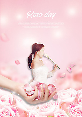 PSD 편집이미지 손 드레스 여자 꽃잎 한손 미소 들기 사람 상반신 20대 성인 두명 옆모습 신체부위 장미 한국인 향기 냄새 로즈데이 이미지편집 옷 꽃 뷰포인트 모션 데이이벤트 표정 동양인 청년 파일형식