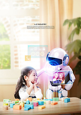 PSD 서양인 외국인 편집이미지 여자 화분 어린이 실내 미소 사람 상반신 20대 성인 세명 스크린 턱괴기 블록 한국인 커튼 창가 로봇 책상 4차산업 이미지편집 산업 가구 창문 모션 표정 동양인 인종 청년 내부 파일형식