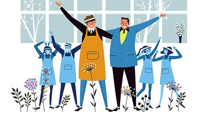 전신 여자 남자 꽃 일러스트 어깨동무 협력 미소 사람 여러명 성인 청춘 사장 종업원 즐거움 아르바이트 손하트 최저임금 비정규직 국내일러스트 AI파일 식물 직업 감정 포즈 다수 컨셉 비즈니스 표정 손짓 경제 파일형식 벡터