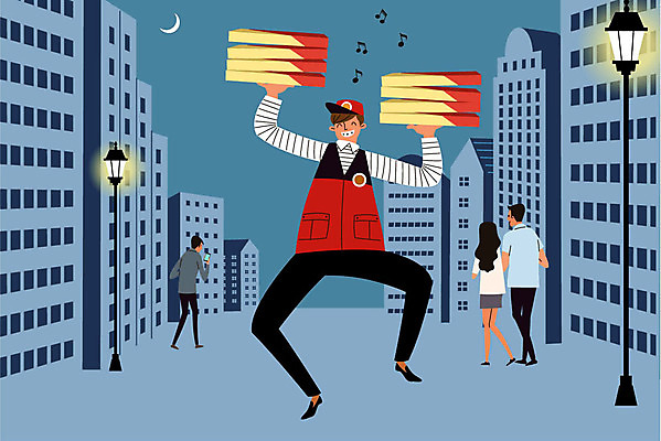 전신 여자 남자 유니폼 가로등 일러스트 미소 들기 사람 빌딩 여러명 성인 청춘 즐거움 아르바이트 피자배달 피자배달원 최저임금 비정규직 국내일러스트 AI파일 옷 공공시설 감정 다수 컨셉 비즈니스 모션 표정 건물 경제 배달원 배송 파일형식 벡터