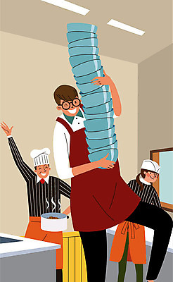 전신 그릇 접시 여자 남자 유니폼 일러스트 미소 들기 사람 성인 세명 청춘 주방 식당 앞치마 여러개 종업원 아르바이트 많음 최저임금 비정규직 국내일러스트 AI파일 직업 식기 옷 다수 컨셉 비즈니스 모션 표정 경제 상점 파일형식 벡터