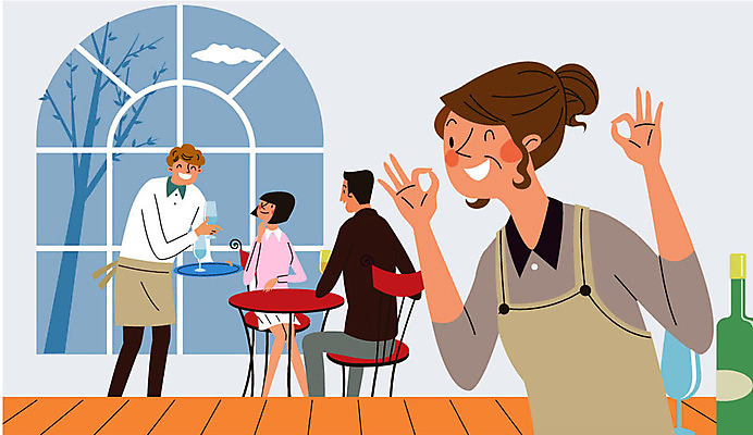 전신 여자 남자 일러스트 미소 사람 여러명 상반신 성인 물 청춘 레스토랑 앞치마 OK 사장 웨이터 고객 창가 서빙 주문 아르바이트 최저임금 비정규직 국내일러스트 AI파일 자연요소 직업 다수 컨셉 비즈니스 창문 표정 손짓 경제 식당 파일형식 벡터