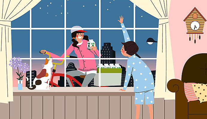 전신 한마리 여자 어린이 일러스트 미소 사람 성인 두명 청춘 자전거 고양이 새벽 잠옷 우유 인사 배달원 창가 배송 아르바이트 반려 최저임금 비정규직 새벽배송 국내일러스트 AI파일 자연요소 직업 1 옷 컨셉 비즈니스 창문 포유류 유제품 표정 경제 반려동물 바이크 예절 파일형식 벡터