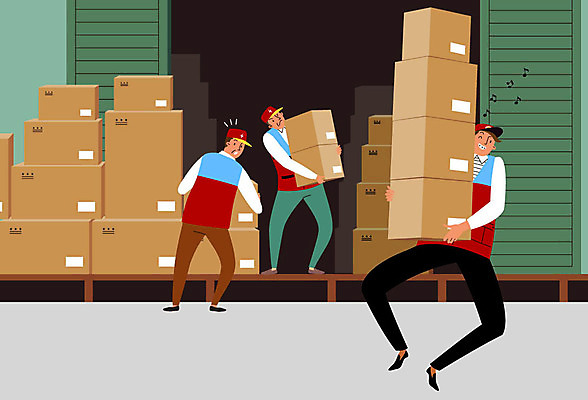 전신 남자 유니폼 일러스트 미소 사람 성인 세명 청춘 쌓기 여러개 운반 배송 즐거움 무거움 택배상자 아르바이트 물류창고 최저임금 비정규직 재고 국내일러스트 AI파일 옷 감정 다수 컨셉 비즈니스 모션 표정 경제 상자 무게 상품 창고 택배 파일형식 벡터