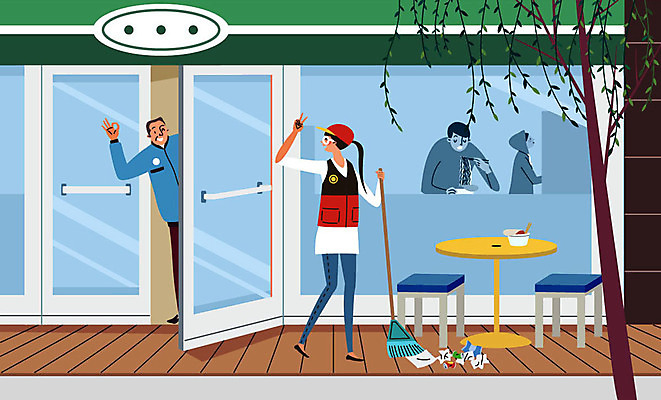 전신 여자 남자 유니폼 일러스트 사람 여러명 상반신 성인 청춘 쓰레기 OK 사장 빗자루 청소 종업원 고객 브이 아르바이트 야외의자 야외테이블 편의점 최저임금 비정규직 국내일러스트 AI파일 직업 옷 다수 컨셉 의자 비즈니스 탁자 손짓 경제 상점 청소도구 파일형식 벡터