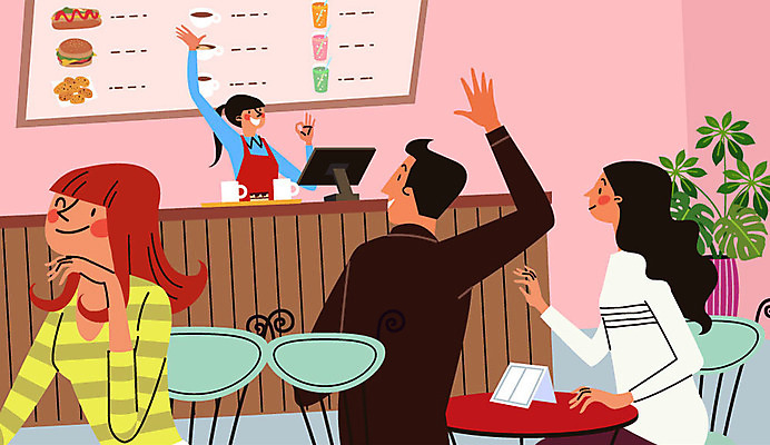 여자 남자 화분 의자 일러스트 탁자 미소 사람 여러명 상반신 성인 청춘 식당 머그컵 OK 종업원 계산대 고객 메뉴판 주문 아르바이트 계산원 최저임금 비정규직 국내일러스트 AI파일 직업 가구 다수 컨셉 비즈니스 표정 손짓 컵 경제 상점 파일형식 벡터