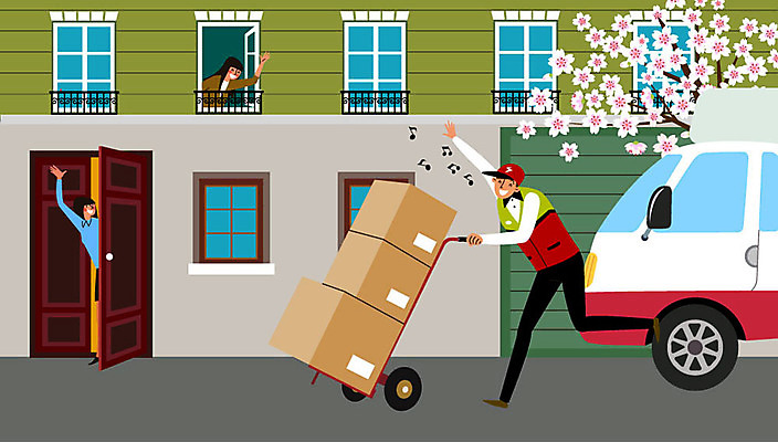 전신 여자 남자 유니폼 일러스트 창문 꽃나무 미소 사람 상반신 성인 세명 청춘 문 여러개 카트 인사 택배기사 배송 택배 택배상자 아르바이트 최저임금 비정규직 탑차 국내일러스트 AI파일 나무 옷 꽃 다수 컨셉 비즈니스 표정 경제 상자 트럭 운송업 예절 배달원 파일형식 벡터