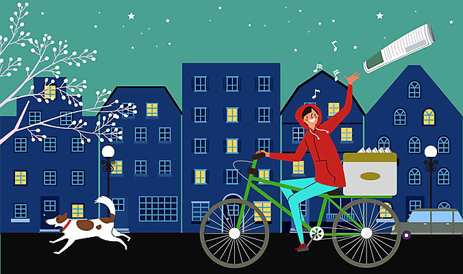 전신 한마리 여자 별 일러스트 주택 한명 미소 사람 성인 청춘 자전거 새벽 강아지 배송 즐거움 아르바이트 반려 신문배달원 최저임금 비정규직 새벽배송 국내일러스트 AI파일 자연요소 1 감정 컨셉 비즈니스 표정 건물 경제 반려동물 바이크 개 배달원 파일형식 벡터