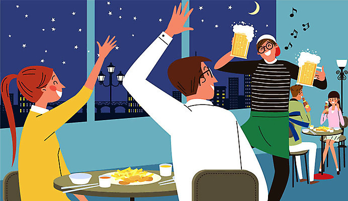 전신 여자 남자 별 일러스트 창문 탁자 생맥주 미소 사람 여러명 상반신 성인 청춘 손들기 앞치마 달 야간 종업원 고객 안주 즐거움 서빙 아르바이트 호프집 최저임금 비정규직 국내일러스트 AI파일 자연요소 직업 감정 가구 다수 컨셉 비즈니스 모션 맥주 표정 경제 술집 파일형식 벡터