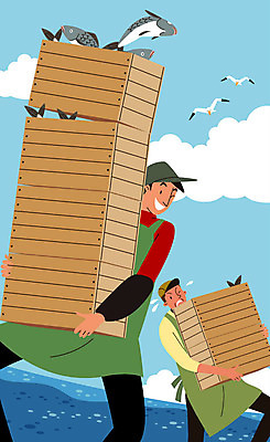 전신 구름 남자 바다 일러스트 갈매기 어류 사람 성인 두명 청춘 상자 쌓기 앞치마 여러개 즐거움 어촌 무거움 아르바이트 힘듦 최저임금 비정규직 국내일러스트 AI파일 자연요소 감정 다수 컨셉 비즈니스 모션 조류 경제 수중동물 시골 무게 파일형식 벡터