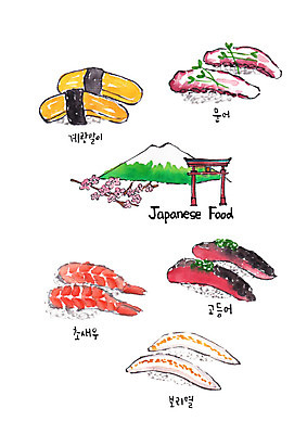 PSD 일러스트 새우 사람없음 초밥 다양 벚꽃 문어 일본건축 후지산 고등어초밥 김계란말이초밥 일본음식 국내일러스트 꽃 음식 다수 산 연체동물 갑각류 일본 수중동물 동양건축 세계문화유산 파일형식