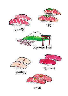 PSD 일러스트 사람없음 초밥 다양 벚꽃 참치 일본건축 후지산 황새치 일본음식 참치초밥 국내일러스트 꽃 음식 다수 산 어류 일본 동양건축 세계문화유산 파일형식 새치