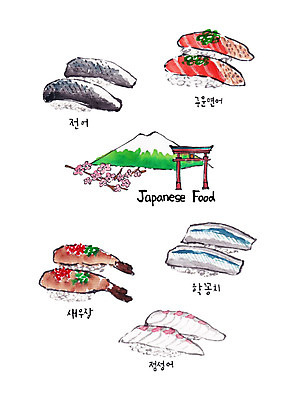 PSD 일러스트 새우 사람없음 초밥 다양 벚꽃 연어 일본건축 후지산 전어 학꽁치 일본음식 제철음식 국내일러스트 꽃 음식 다수 산 갑각류 어류 일본 동양건축 세계문화유산 제철 파일형식