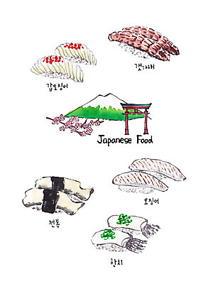 PSD 일러스트 사람없음 초밥 다양 벚꽃 오징어 일본건축 후지산 갑오징어 전복죽 한치 일본음식 갯가재 국내일러스트 꽃 음식 다수 산 연체동물 일본 수중동물 동양건축 세계문화유산 가재 죽 파일형식