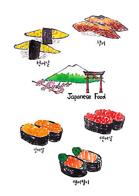 PSD 일러스트 사람없음 초밥 다양 벚꽃 장어 일본건축 후지산 성게알 연어알 청어알 일본음식 국내일러스트 꽃 음식 다수 산 어류 알 일본 동양건축 세계문화유산 파일형식