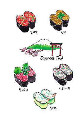 PSD 일러스트 사람없음 초밥 다양 벚꽃 일본건축 후지산 날치알 군함말이초밥 낫토 새우초밥 참치회 일본음식 타코와사비 국내일러스트 꽃 음식 다수 새우 산 알 일본 동양건축 세계문화유산 생선회 파일형식