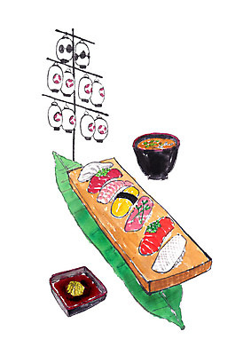 PSD 일러스트 나뭇잎 전등 사람없음 초밥 다양 머스터드 간장 나무접시 미소된장국 일본음식 국내일러스트 접시 음식 다수 잎 조명 양념 소스_음식 파일형식