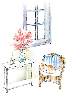 PSD 동물 한마리 쿠션 의자 일러스트 초 캘리그라피 탁자 붓터치 사람없음 꽃병 고양이 창가 번짐 반려 국내일러스트 1 꽃 가구 창문 포유류 반려동물 파일형식 효과